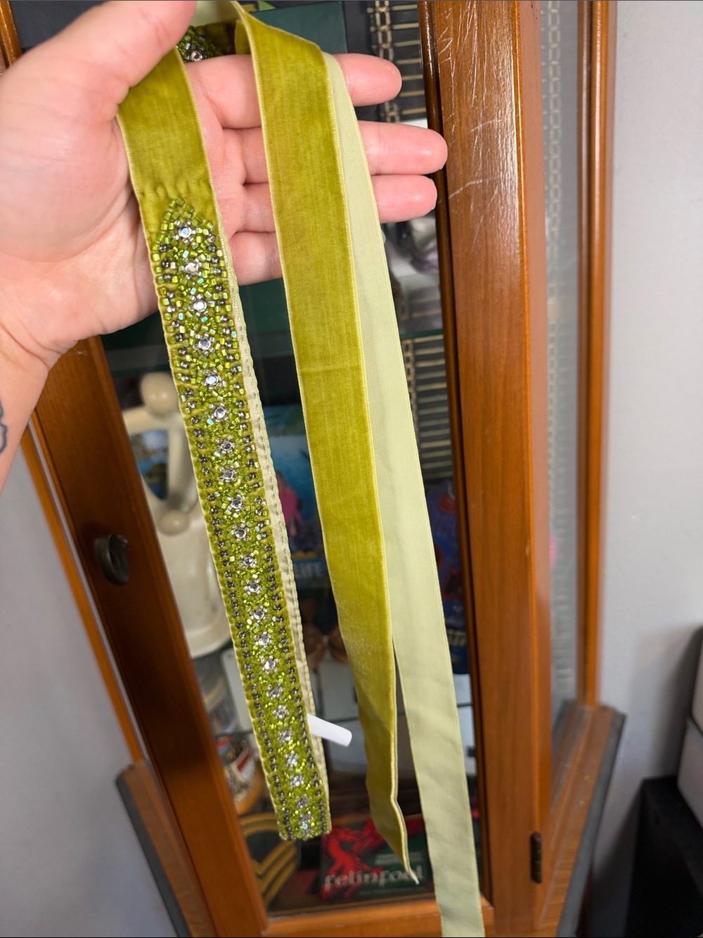 Embellished Olive Green Velvet Ribbon Belt